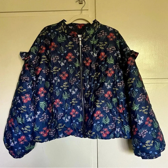Eloquii Elements Navy Blue Floral Quilted Puffer Bomber‎ Jacket Plus Size 22/24 - Picture 2 of 13